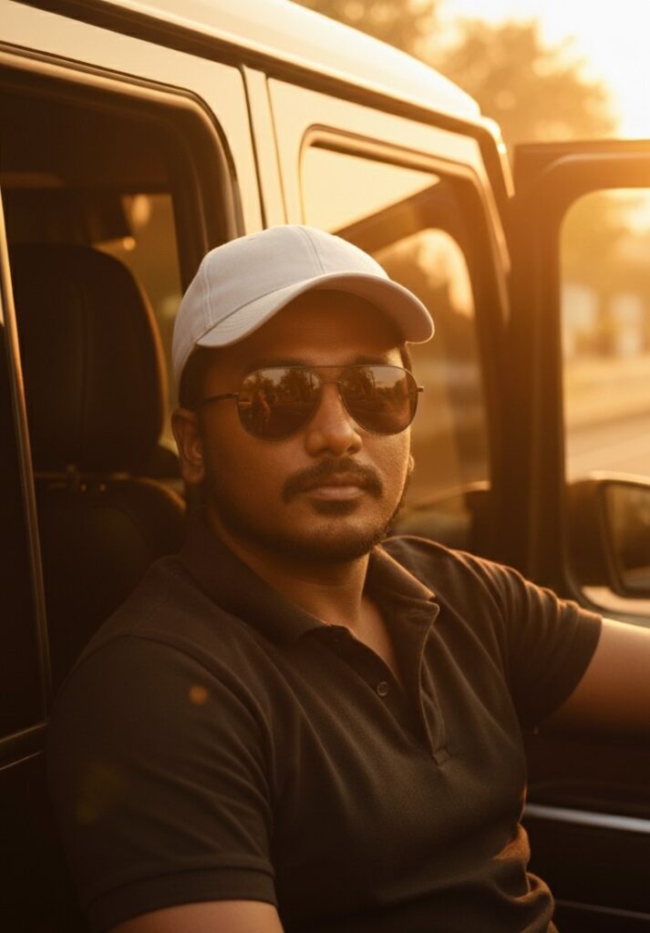 John Suganth posing for a picture on the side of a car in dhanuskodi,Rameswaram
